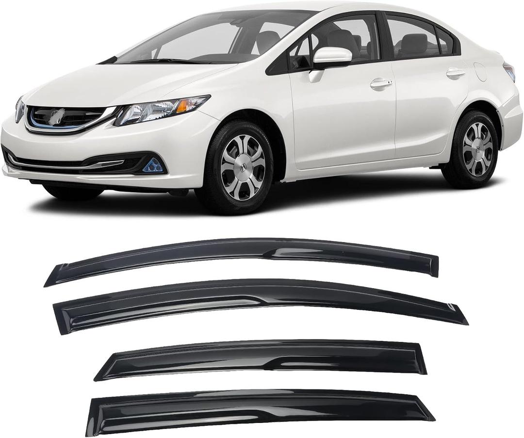 Tape-On Window Visors Deflectors Rain Guards 4 Piece Set Compatible with 2012-2015 Honda Civic Sedan 94462