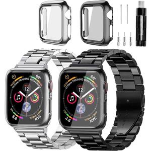Stainless Steel Band and Case Compatible With Apple Watch Iwatch Ultra Series 11 10 9 8 7 6 5 4 3 2 1 SE 49mm 45mm 46mm 44mm 42mm 41mm 40mm 38mm,Men Women Classic Classy Metal Business (Black&Silver)
