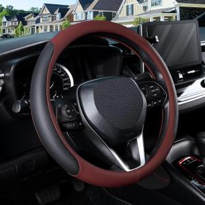 SEG Direct Steering Wheel Cover for 14.5-15 inch Wheels, Breathable PU Leather with Perforated Sides, Anti-Slip Grip, Universal Fit for Cars & SUVs, Black and Burgundy