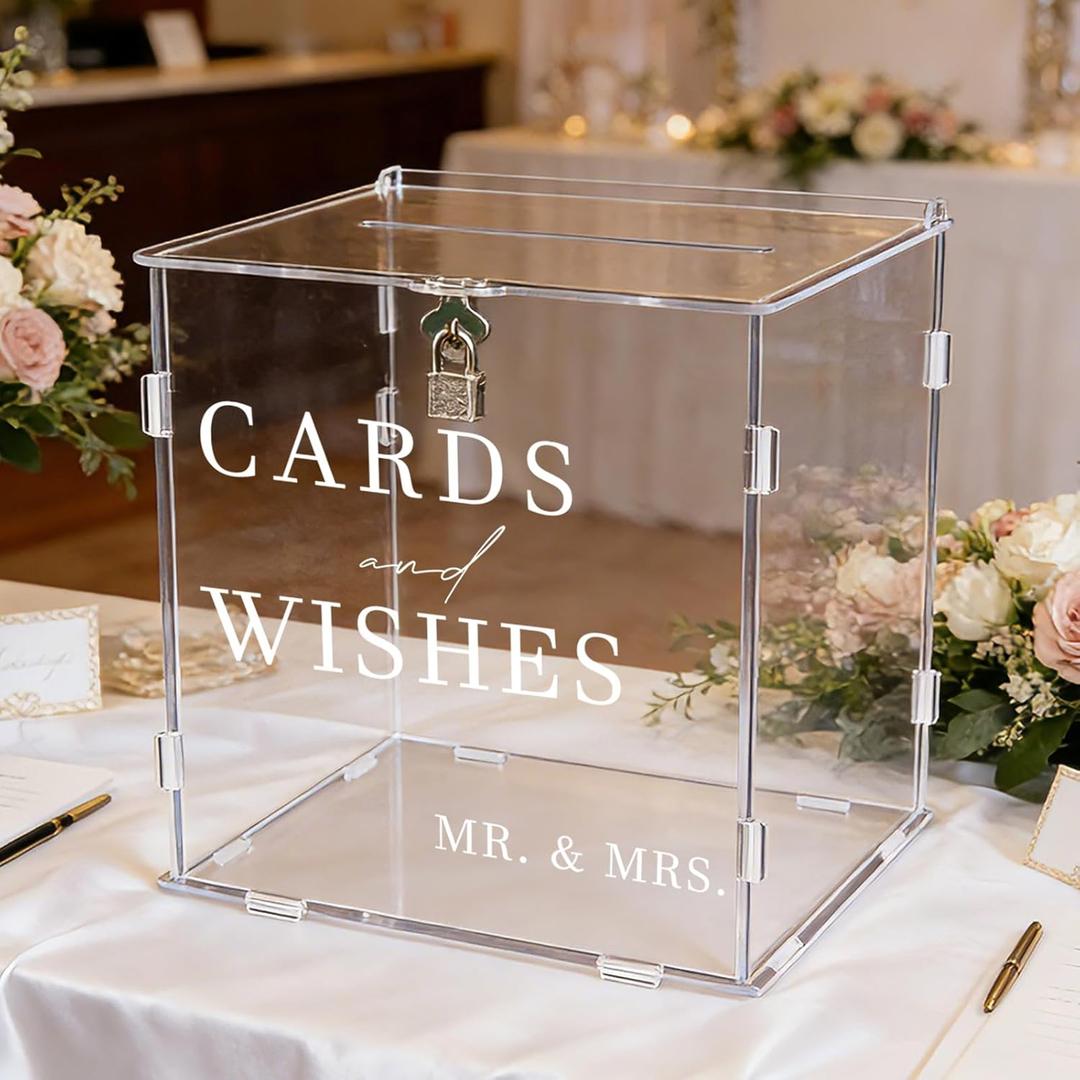 Clear Acrylic Card Box with Slot & Lock, DIY Large Wedding Card Boxes for Reception, Elegant Money Envelop Gift Cards Box for Party Wedding Birthday Baby Shower Graduation Table Decor