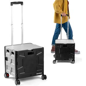 CleverMade Collapsible Crate on Wheels with Handle (35L, 4-Wheel) Collapsible Rolling Cart with Lid, Foldable Utility Cart for Teachers, Groceries, Travel, Office Storage Holds 75 lbs, Cool Gray
