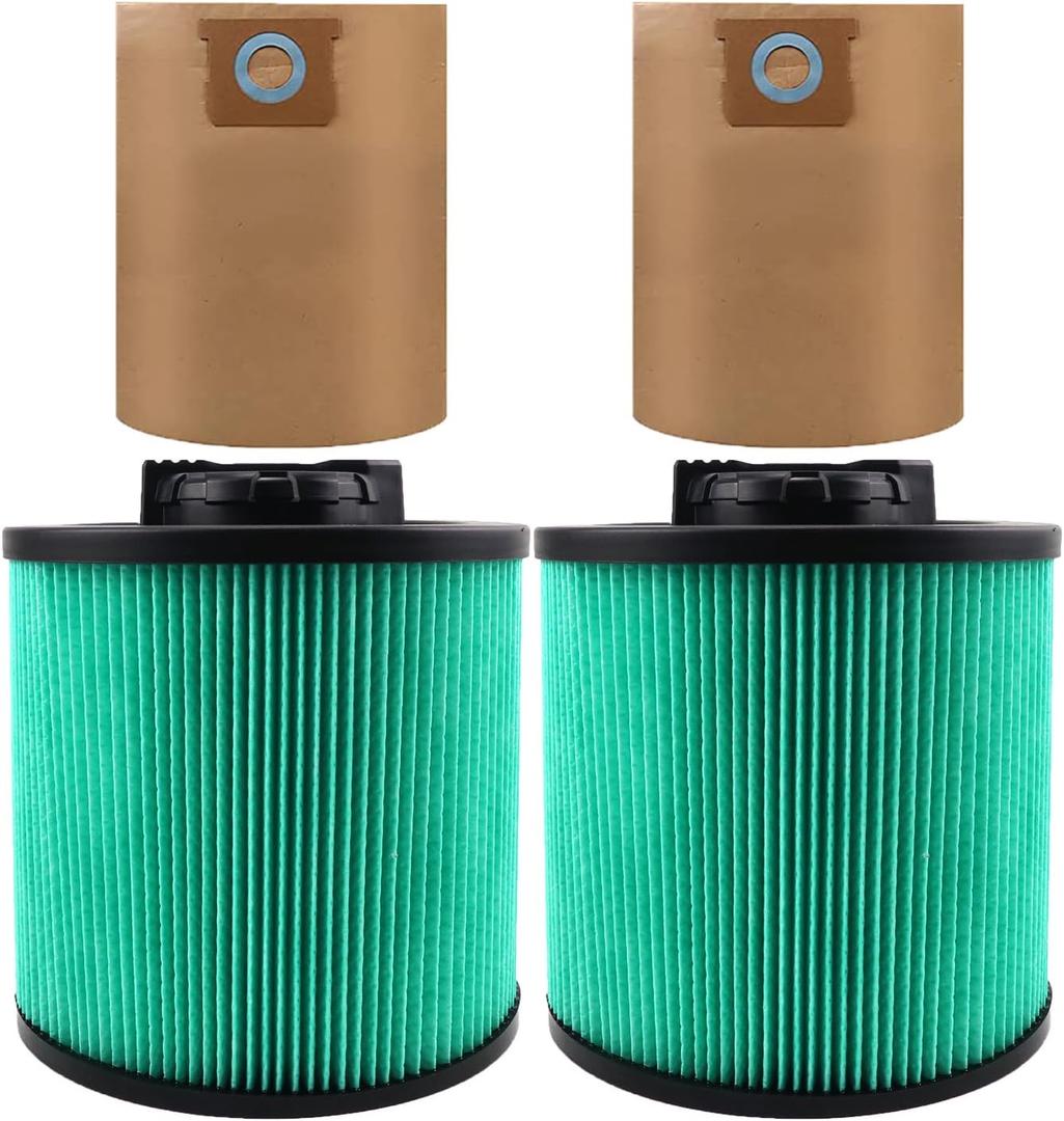 2 Pack DXVC6914 Premium HEPA Cartridge Vaccum Filter Compatible with DEWALT 916 Gallon Wet/Dry Vacuum, with 3 Pack DXVA194101 High Efficiency Replacement Filter Bags for DEWALT