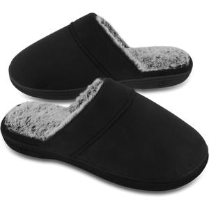 DL Men's Memory Foam Slippers with Fuzzy Plush Lining, Slip on House Slippers with Indoor Outdoor Anti-Skid Rubber Sole (9-10, Black)
