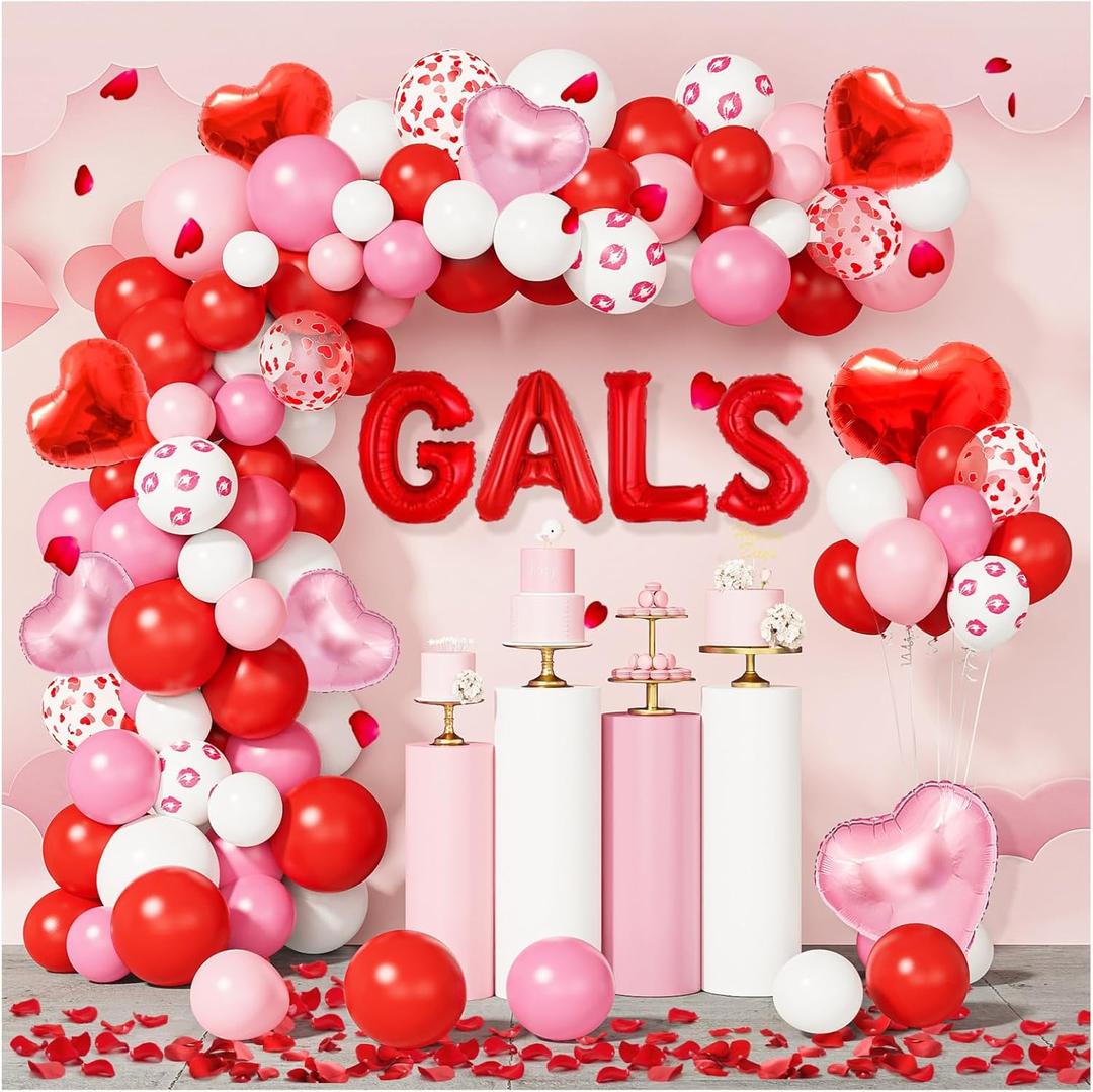 Amandir 263PCS Galentines Day Balloons Arch Garland Kit, Foil Gals Balloons Latex Red Pink White Confetti Heart Balloons for Galentine's Day Wedding Women Engagement Anniversary Party Decorations
