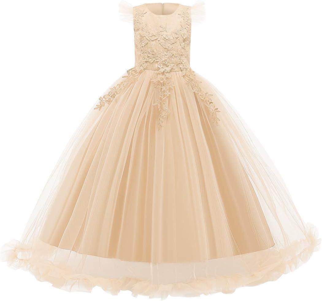 Girls Lace Pageant Party Dress Wedding Flower Girl Maxi Gowns Flower A Line Birthday Dance Evening Tulle Floor Length Skirt Champagne 7-8 Years