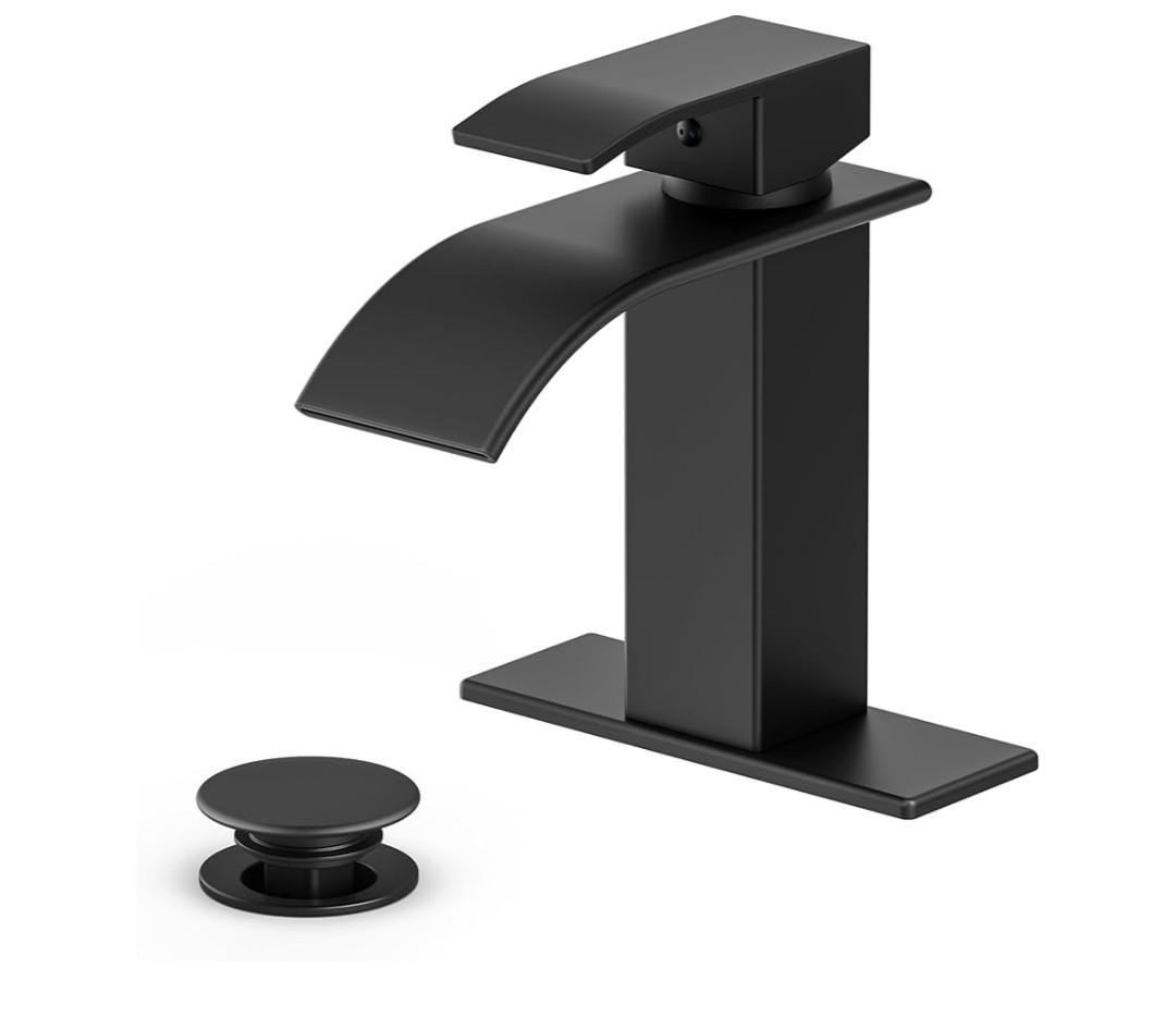 Bathroom Faucet Matte Black Modern Waterfall Bathroom Sink Faucet with Single Handle Suitable for 1 or 3 Holes,Supply Deck Plate and Hose