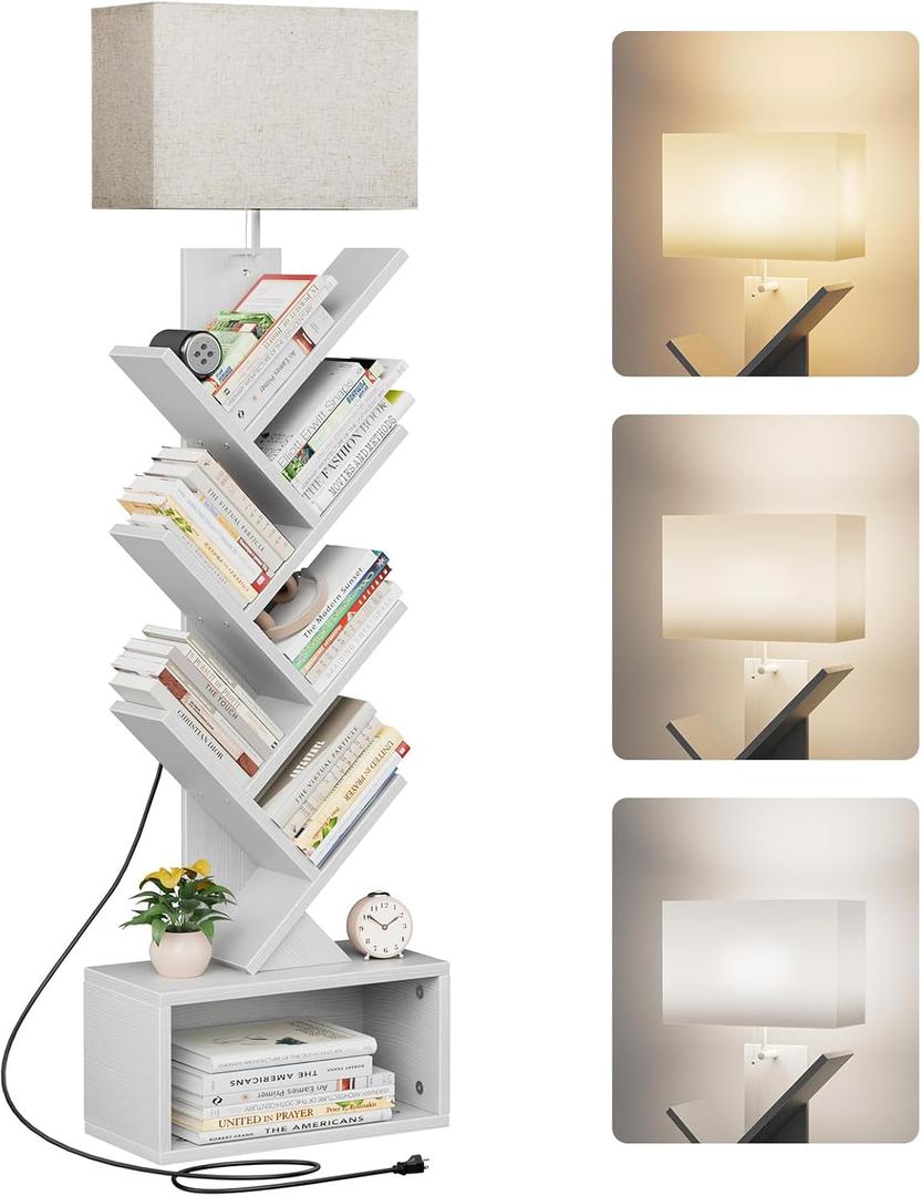 Evermagin 6 Tier Tree Bookshelf with Light, Narrow Bookcase Tower, Tall Floor Standing Book Shelf Organizer with Storage Cabinet for Living Room, Bedroom and Home Office, White