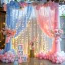 Pink Blue Sheer Tulle Backdrop Curtains with Lights String for Gender Reveal Baby Shower Decorations for Boy or Girl Birthday Party Photo Shoot Backdrop Background Decorations 2 Panels 58ft