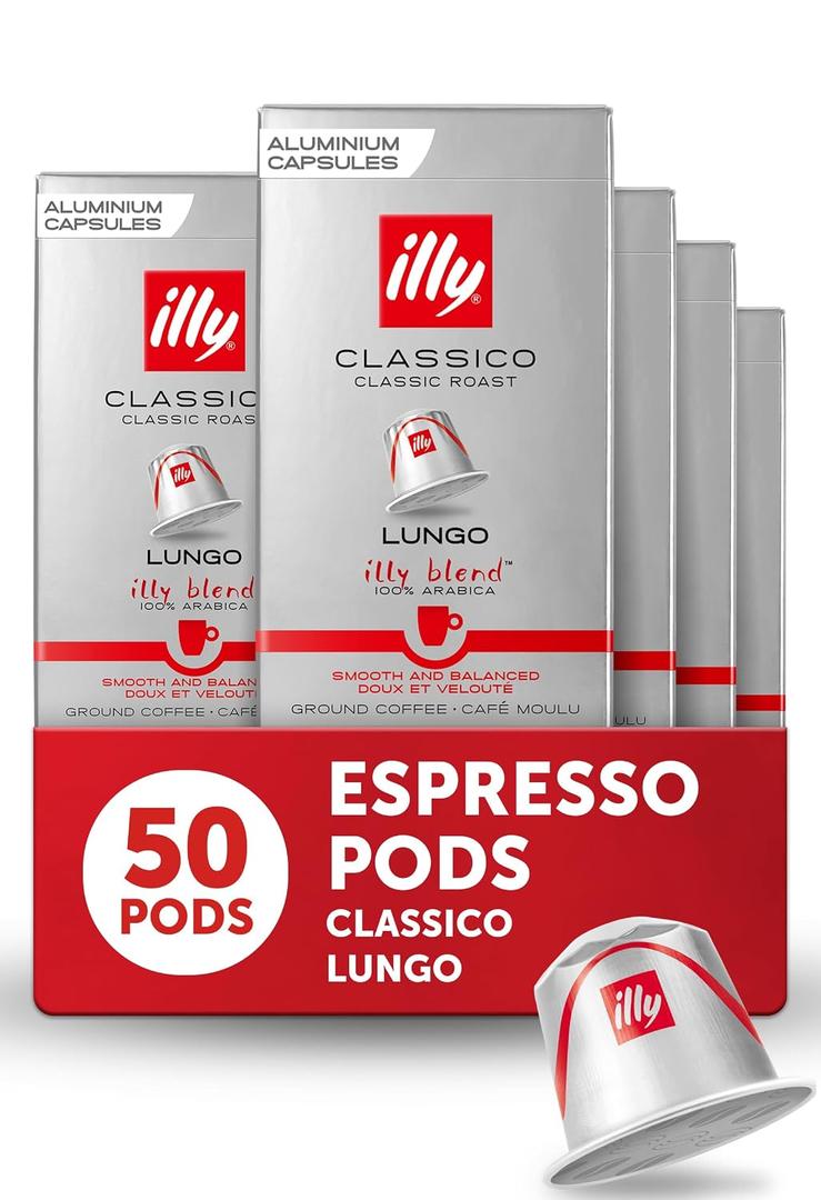 illy Espresso Capsules, Classico Lungo Medium Roast, 10 Count, 5 Pack | Coffee Pods for Espresso Original Line, Compatible Capsules, 100% Arabica, Premium Italian Coffee, BBD 04/03/2027