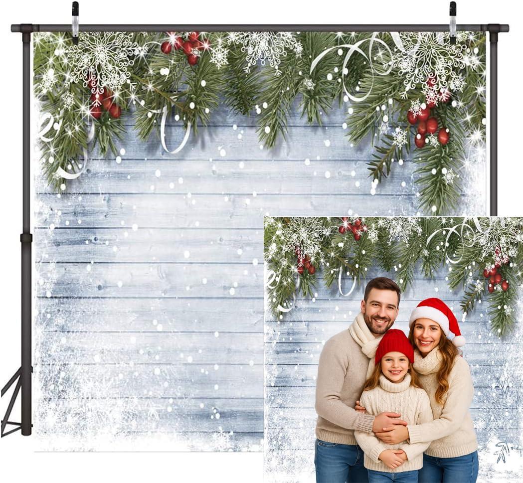 Winter Christmas Backdrop 10x10ft Snowflake and Pine Branch Wooden Wall Background White Snow Scene for Holiday Party Photo Booth Christmas Wall Decor 219