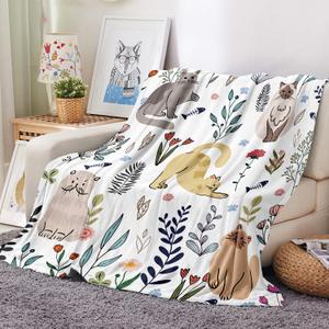 Cat Throw Blanket Floral Flower Blankets Gift for Cat Lover Throw Blanket Cats Themed Flannel Cozy Fuzzy Plush Blankets for Bed Chair Couch 50" X 60"