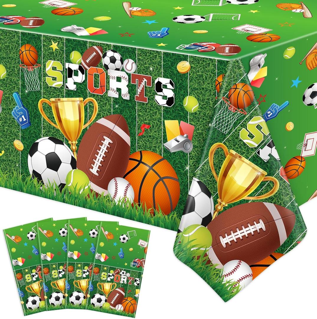 4 Pack Sports Tablecloth Sport Theme Birthday Table Cloth Sport Party Decorations Soccer Basketball Football Baseball Table Covers for Boys All Star Sports Themed Party Supplies 51 x 86 in