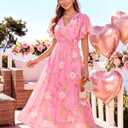 Bebonnie Formal Dresses for Women Wedding Guest: Womens Summer Wrap Neck Floral Beach Vacation Tropical Cruise Travel Hawaiian Vegas Outfits Cocktail Evening Dinner Tea Party Long Dress Multi Pink L