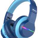 iClever BTH12 Kids Bluetooth Headphones,Colorful LED Lights Kids Headphones Wireless,74/85dBA Safe Volume,85H Playtime,Fast Charging,Bluetooth 5.2,Over Ear,Built-in Mic for iPad/Tablet/Airplane,Blue