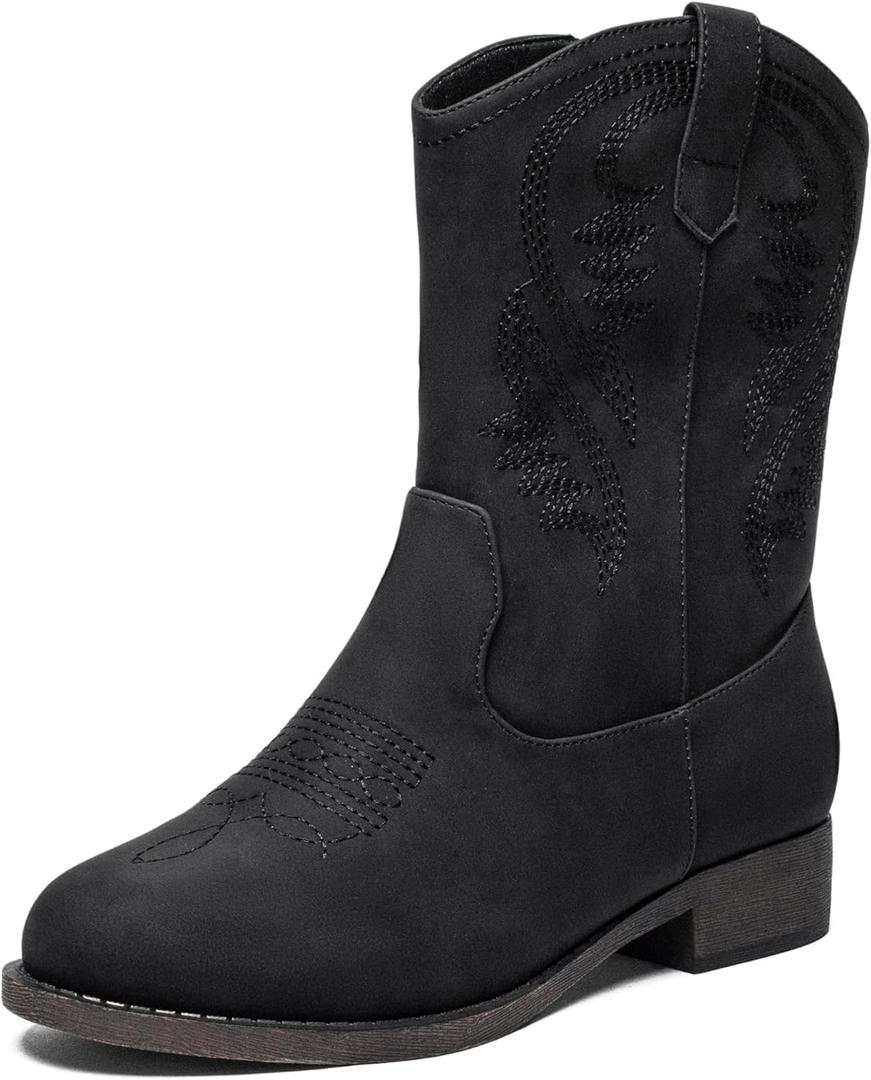 Ataiwee Women's Cowboy Cowgirl BootsMid Calf boots with Side Zip and Chunky Heel,Embroidered Fashion Western Boots.(2404011, BK/PU, 9.5)