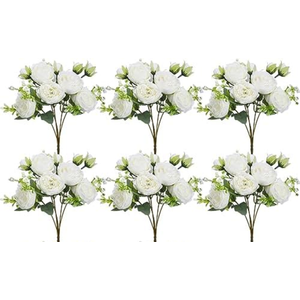 Crowye 6 Bundles Artificial Peonies Realistic Flowers with Stems Bouquet Peonies for Table Centerpieces Wedding Decoration Bridal Floral Arrangement (White)