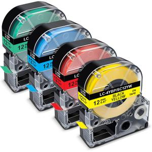 Pristar Compatible Label Tape Replacement for Epson 12mm 1/2" Color Tapes LK-4RBP LK-4YBP LK-4LBP LK-4GBP Work with Epson LabelWorks LW300 LW400 LW600P LW700, Black on Red/Yellow/Blue/Green, 4 Pack