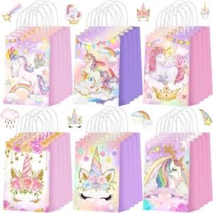 Kolldenn 24 Pcs Unicorn Party Favor Bags for Birthday Party Supplies Cute Unicorn Gift Goodie Paper Bags with Handles Rainbow Goody Treat Candy Pouch for Girls Birthday Baby Shower Decorations