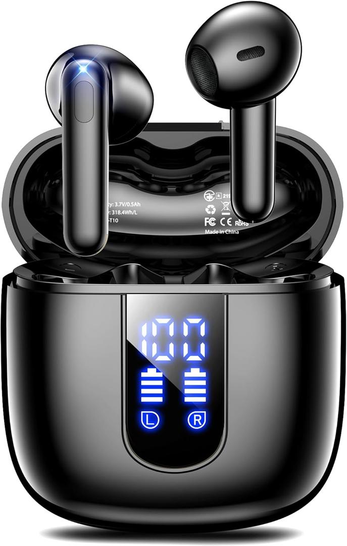 Wireless Earbuds, Bluetooth Headphones with Deep Bass Stereo, 48H Playback Ear Buds with LED Power Display, Lightweight, IPX7, in-Ear Earphones with Mic for iPhone/Android/iPad, Black