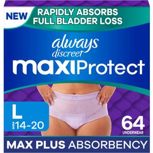 Always Discreet MaxiProtect Adult Diapers for Women, Incontinence Underwear, Scented, Postpartum Essentials, Bladder Leak Protection, Disposable Briefs, Maximum Plus Absorbency, Size L, 64 Count