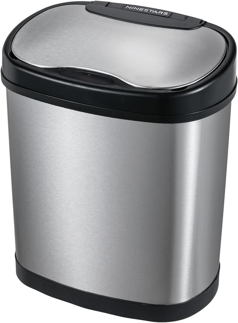 NINESTARS DZT-12-13 Automatic Touchless Infrared Motion Sensor Bin, 3 Gal 12L, (Oval, Black/Silver Lid)