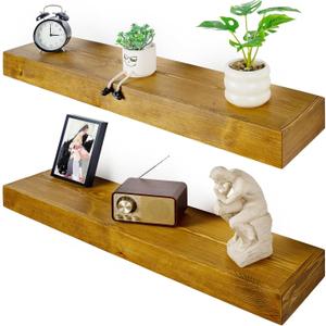 Floating Shelves 3 inch Thick for Wall Set of 2,Solid Pine Wood Wall Mount Shelf for Kitchen Living Room Bedroom Bathroom,8" D x 30" L x 3" H-Gold Oak