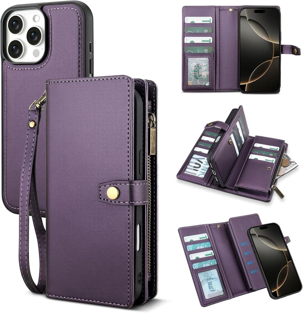 TwoHead Wallet Case Compatible with iPhone 16 pro max,Detachable Magnetic Phone Case,PU Leather All-Round Protective Cover Wallet with Card Holder/Change Pocket,6.9 in,Deep Purple