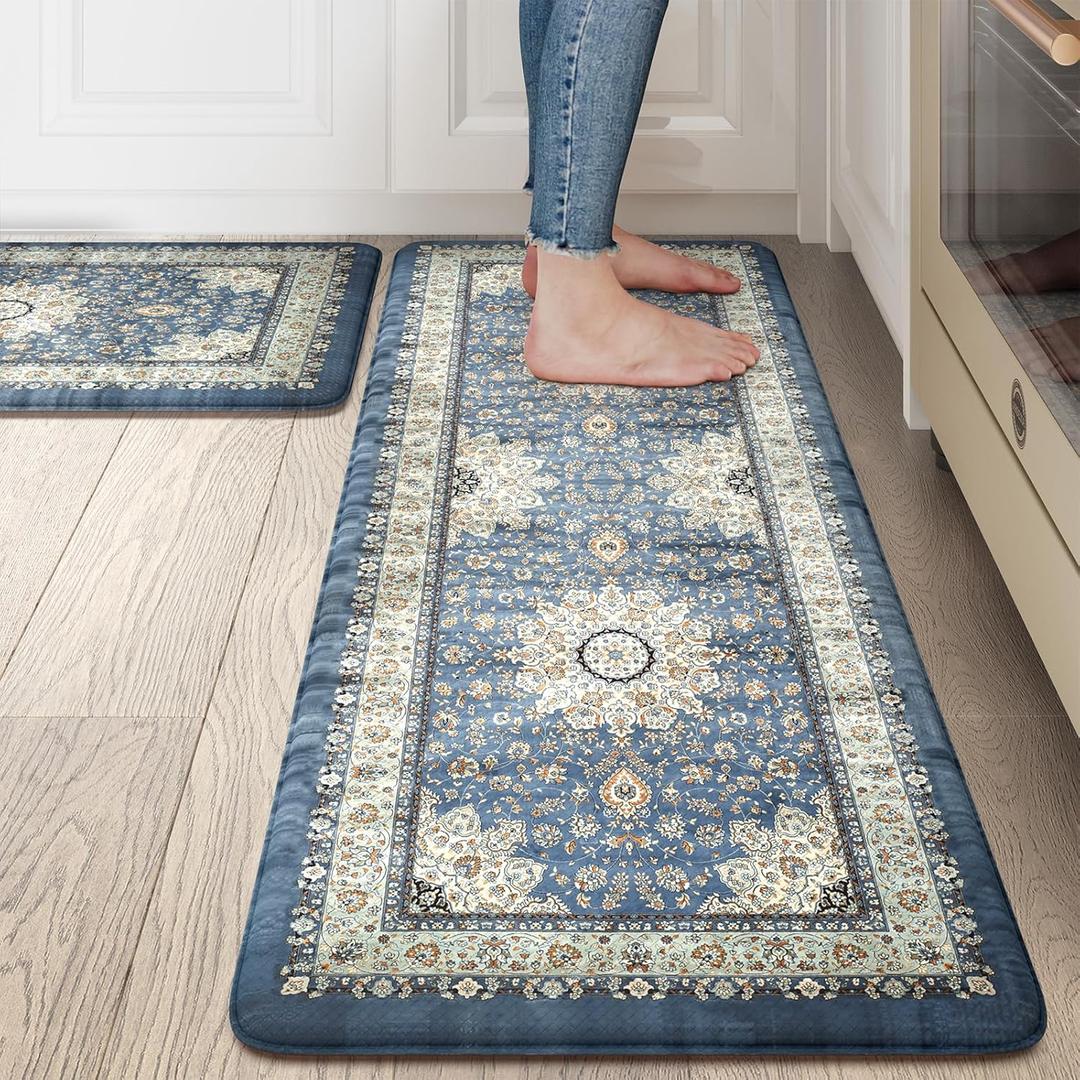 Collive Boho Kitchen Mat, Cushioned Anti Fatigue Kitchen Rug Set 2 Piece Non-Skid Waterproof Kitchen Mats for Floor, Comfort Heavy Duty Standing Mat for Kitchen, Laundry, Office, Desk(Blue) (17.3"x47"+17.3"x30"--0.47 inches)