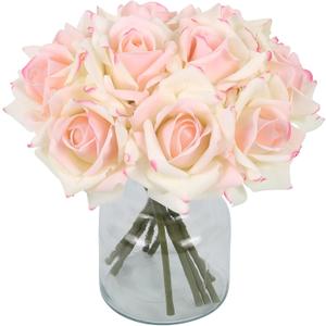 IPOPU Fake Roses,2 Bouquets 10PCS Real Touch Roses Artificial Flowers Faux Roses with Stems for Wedding Party Home Table Centerpieces Decoration(Pink Edge)