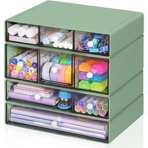 Desk Storage Organizer with 9 Drawers, 4 Tiers Stackable Desktop Craft Storage Drawers, Clear Storage Box Caddy for Stationary Makeup Jewelry Office Craft Supplies (Green)