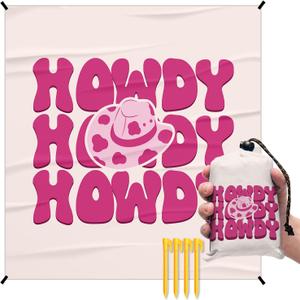 Pink Cowgirl Howdy Pocket Picnic Blankets, Preppy Western Mini Beach Camping Blanket Waterproof Sandproof, Trendy RV Outdoor Blanket Mat Gifts for Cowgirls Camper Campsite Dorm Travel 55x60in