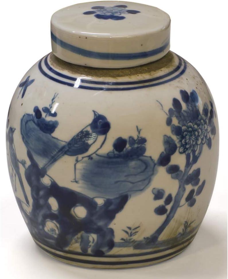 Blue and White 4.5in Porcelain Flower and Bird Small Oriental Jar with Lid