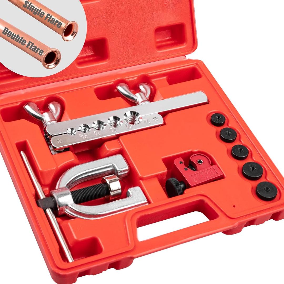 Brake Line Double & Single Flaring Tool Kit with Tubing Cutter, Brake Line Repair Kit for Copper, Aluminum, Brake Line and Brass Tubing, Flare Tool kit Includes 5 Adapters, 45 Degrees