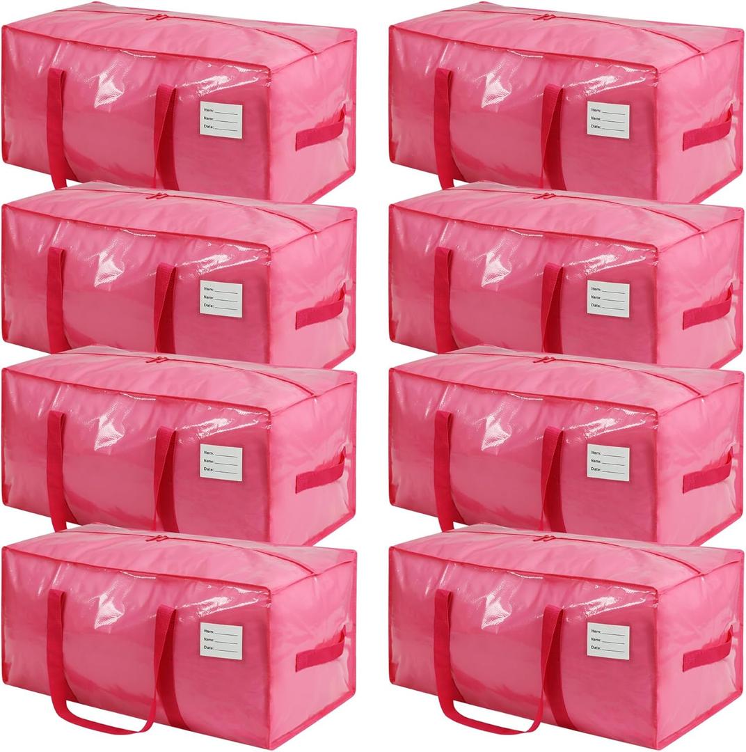 8 Pack Extra Heavy Duty Large Moving Bags with Comfortable Handle & Strong Zipper,Storage Totes for Space Saving Moving Storage College Supplies Alternative to Moving Box,Pink