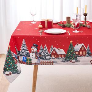 Christmas 60x102 Rectangle Tablecloth Winter Snowman Farmhouse Xmas Tablecloths - Oblong Polyester Snowflake Red Christmas Table Cover Washable Waterproof for Holiday Decoration Family Dining Party