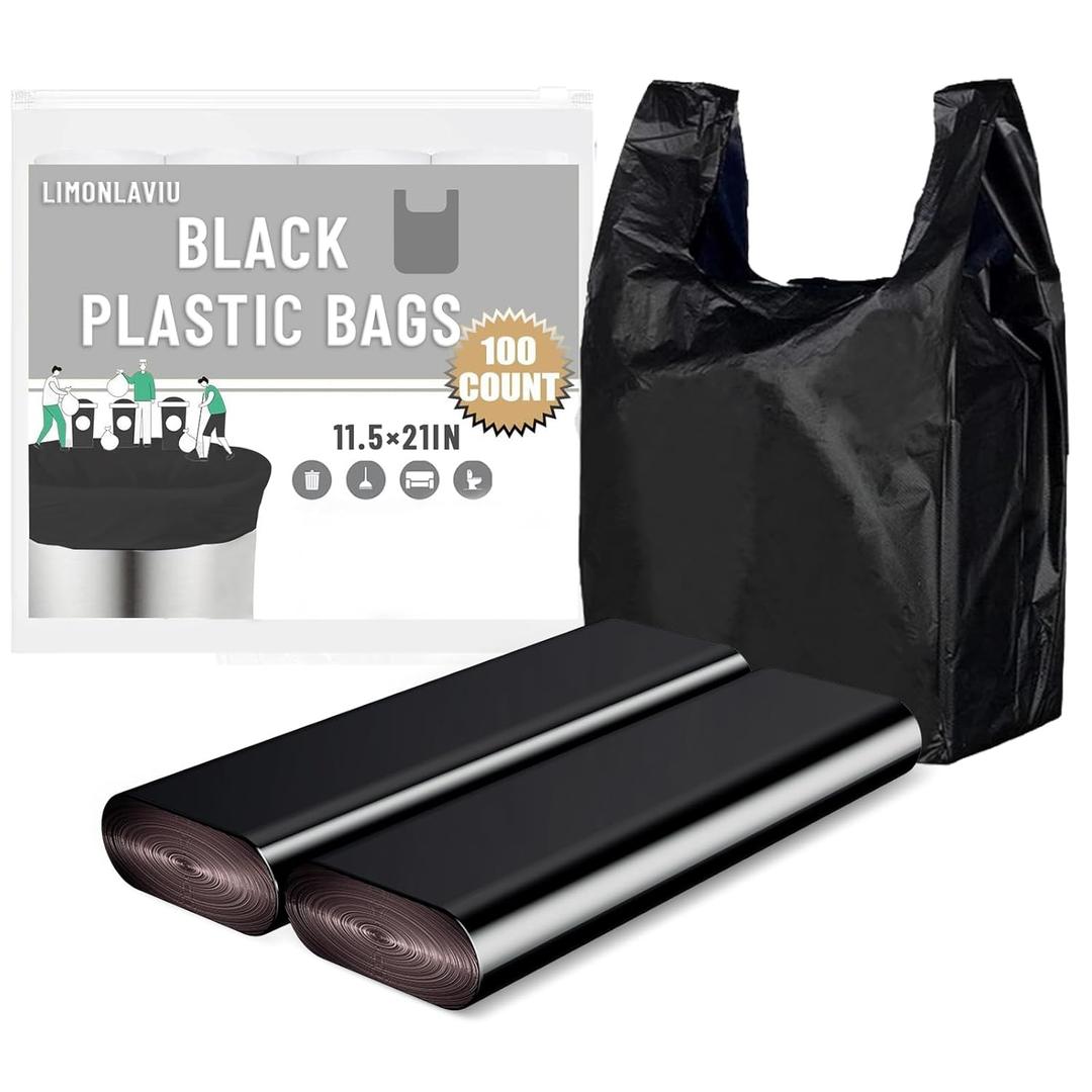 LimonLaviu Black Plastic Grocery Bags, 100 Pack, 11.5'x 6.5" x 21', 22 Pound Capacity, Heavy Duty, Unscented