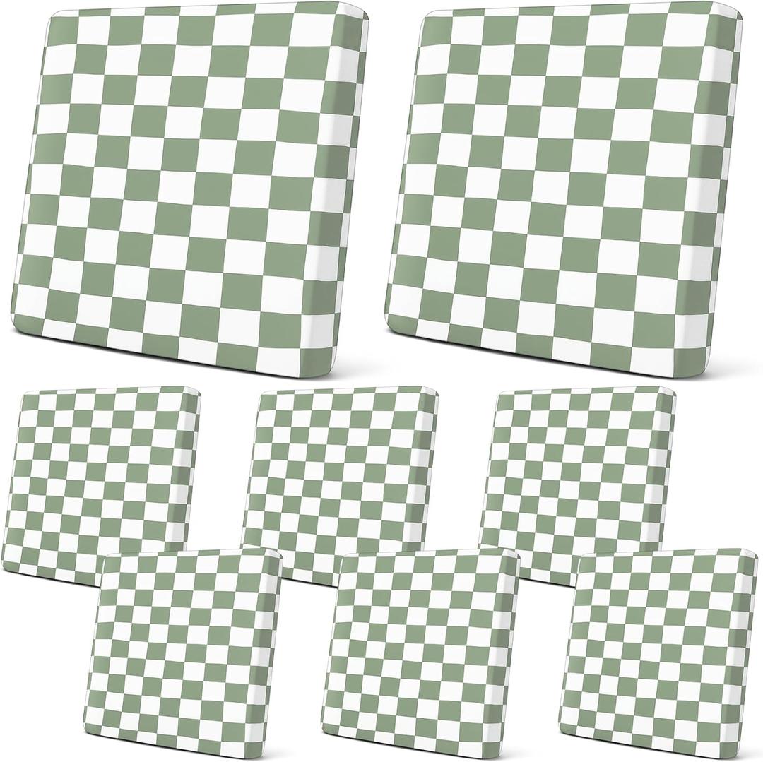 Newwiee Set of 8 Outdoor Stretch Cushion Cover Plaid Patio Chair Cushion Covers Replacement Furniture Couch Sofa Slipcovers Seat Soft Flexibility Protector Washable(Lemon Grass)