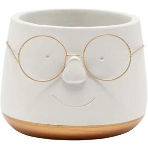 Napco Gold Bottom Face with Glasses White 4.5 x 4.75 Concrete Indoor Planter Pot