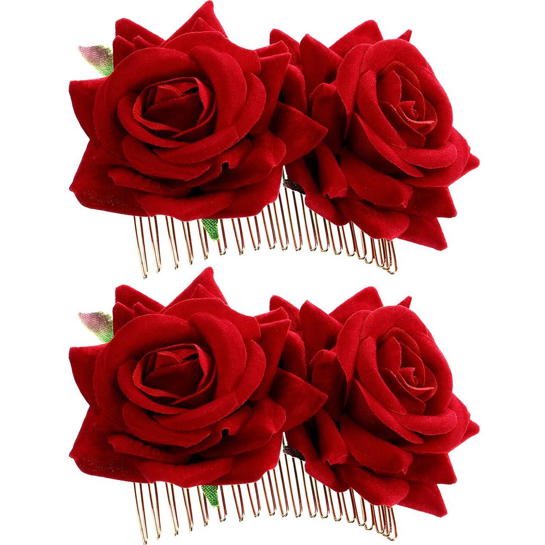 Bememo 2 Pack Women Rose Flower Hair Clip Rose Side Combs Flamenco Flowers Day of The Dead Costumes Mexican Hair Accessories for Wedding Party Mother's Day(Red)