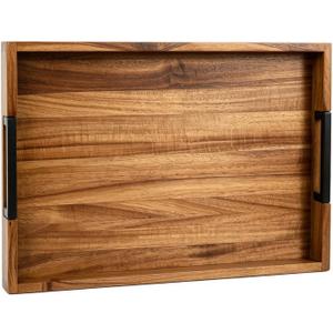 Large Ottoman Tray for Living Room and Coffee Table, Decorative Acacia Wood Serving Tray with Metal Handles for Breakfast in Bed, Dinner Food Kitchen TV (Natural, 20" x 14" x 2")