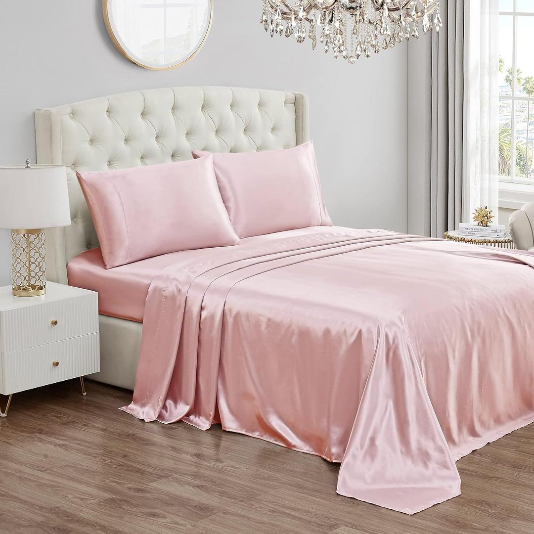 Juicy Couture Full Size Silk Satin Bed Sheet Set, Deep Pocket Silky Full Sheet Set with 1 Fitted Sheet, 1 Flat Sheet and 2 Pillow Case, Wrinkle Resistant and Anti Pilling Bed Sheets - Pink