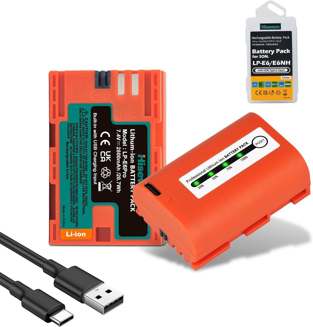 Hisewen LP-E6NH LP-E6N LP-E6 Battery 2800mAh 1 Pack with Type-C Fast Charging for Canon EOS R5 R6 R6 II R7 R 5D II III IV 6D 6D II 70D 80D 90D