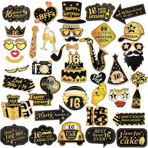 Howaf 16th Birthday Photo Booth Props, 40Pcs Black Gold Funny 16th Birthday Photo Props DIY Decoration Accessories Glasses Hat Moustache Necktie, Gift for 16th Happy Birthday Party Favor Supplies