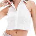 SUNNOW Women's Sleeveless Bow Back Shirt Tailored Fit Halterneck Crop Tops Button Placket Tie Back Blouse for Summer (White, S)