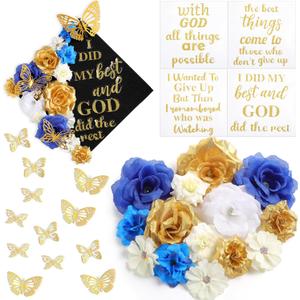 Knitgrip 31 Pcs DIY Graduation Cap Decorations Kit Faux Flower Heads 3D Butterfly Stickers Graduation Quotes Glitter Decals for Grad Hat Topper Graduations Party Supplies(Blue, White, Gold)