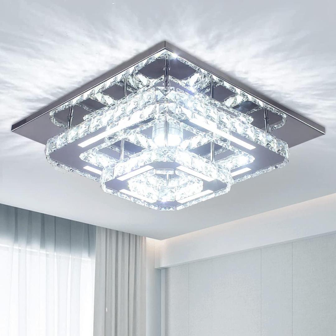 CXGLEAMING Modern LED Chandelier Crystal Ceiling Light Fixture Square Mini Pendant Lamp Flush Mount Ceiling Light for Bedroom Hallway Bathroom Dining Living Room(Cool White)
