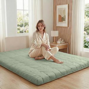 ZonLi Japanese Floor Mattress Futon Mattress King Size, 4" Thicken Roll Up Tatami Mat 100% Cotton Washable Cover, Portable & Foldable Floor Bed Mattress for Sleeping, Dormitory, Adult Kids, Green