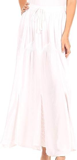 Sakkas Olivia Womens Maxi Bohemian Gypsy Long Skirt with Elastic Waist and Lace, One Size, White