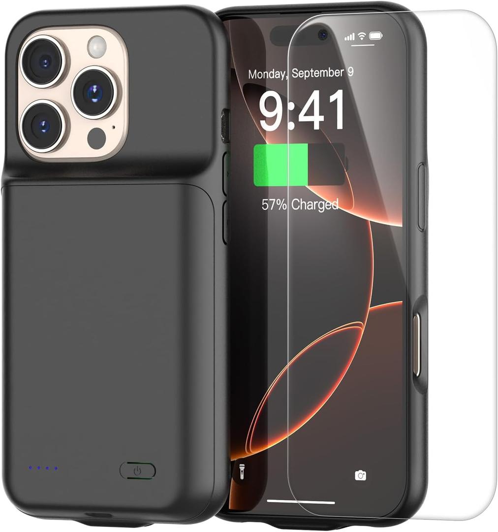 2025 New Upgraded 7000 mAh Travel Battery Case for iPhone 16Pro 6.3inch, Extra Battery Life 15W Fast Charging External Rechargeable Portable Charging Case with HD Tempered Protective Film (16Pro, 6.3", with Tempered Protective Film, Black)