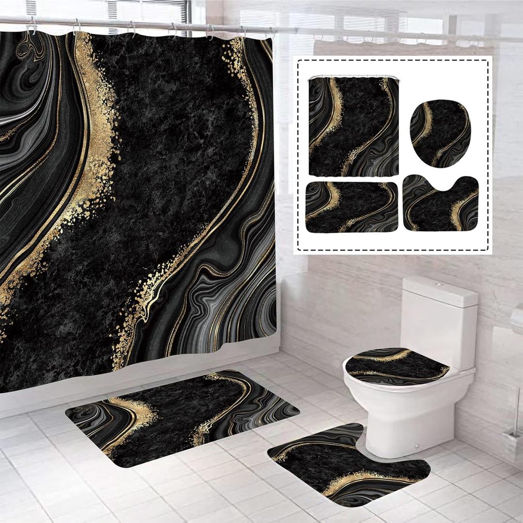 beifivcl 4Pcs Luxury Marble Shower Curtain Sets, Bathroom Sets with Shower Curtain, Toilet Lid Rug, Bath Mat and Contour Mat, Shower Curtain with 12 Hooks for Bathroom Set Decor 72 x 72 Inch, Black